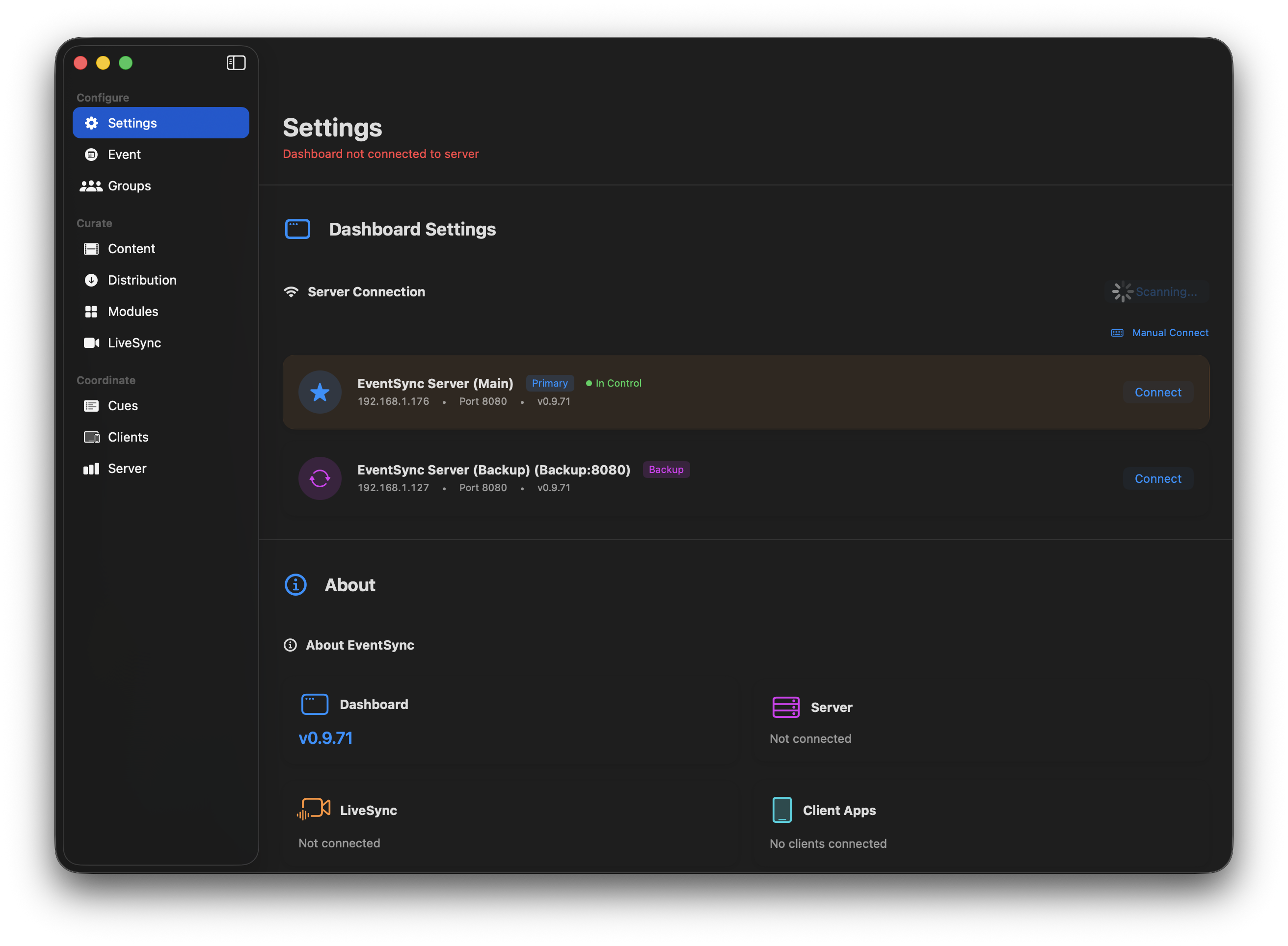 Main and Backup servers discovered in Settings