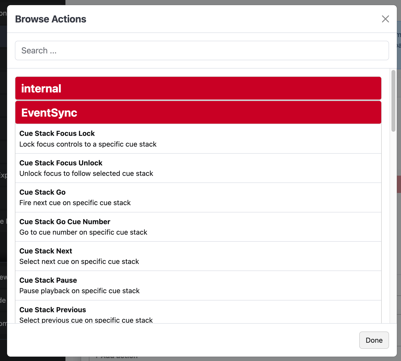 Companion — EventSync Cue Stack actions