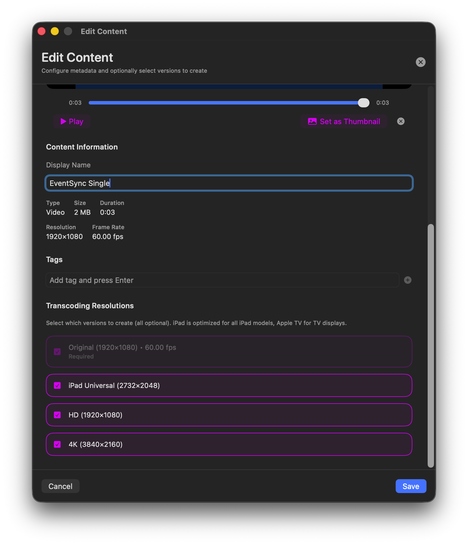 Transcoding resolutions picker