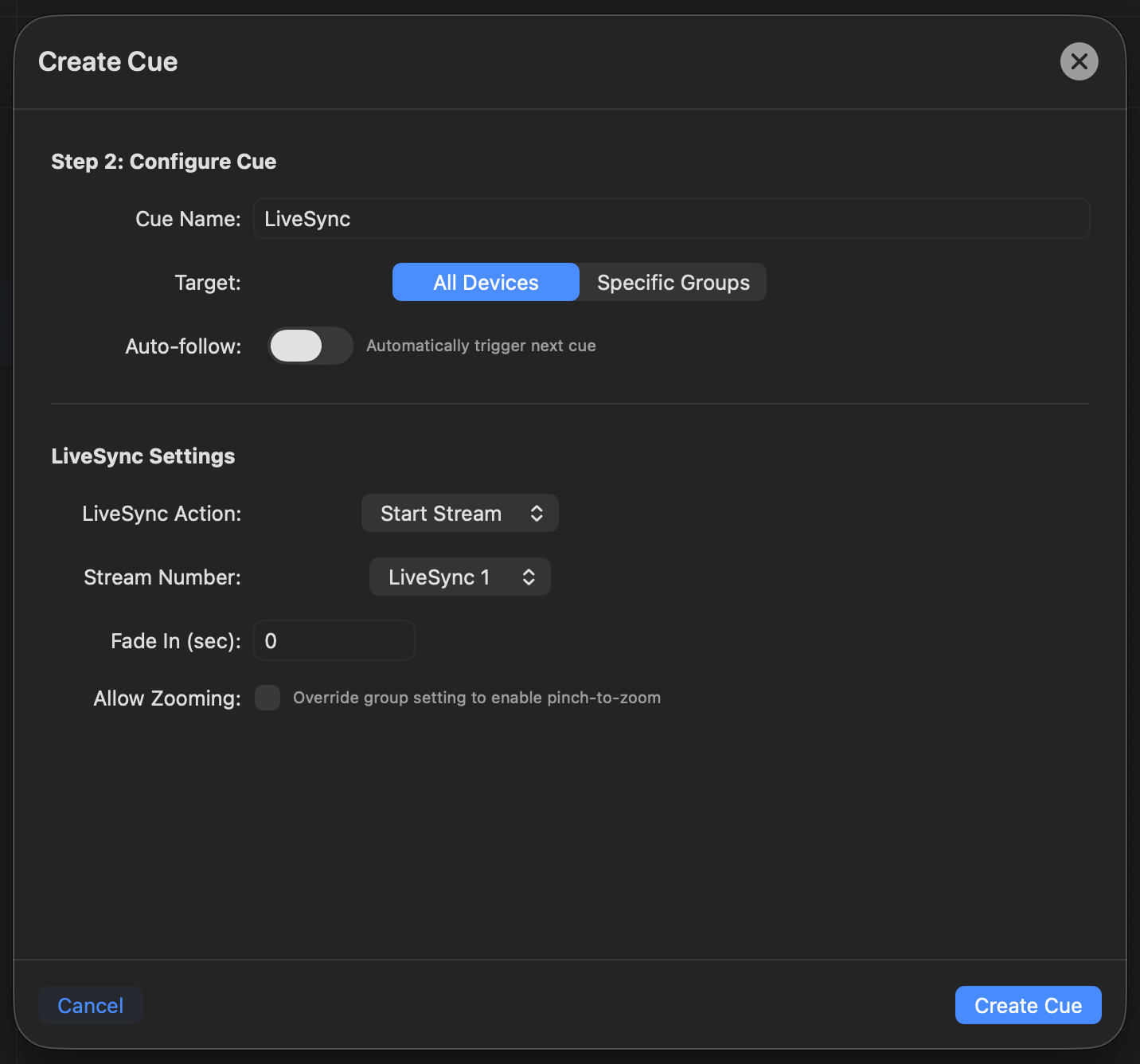 Create LiveSync cue