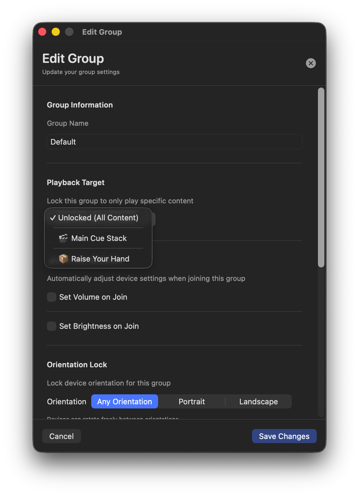 Playback Target dropdown