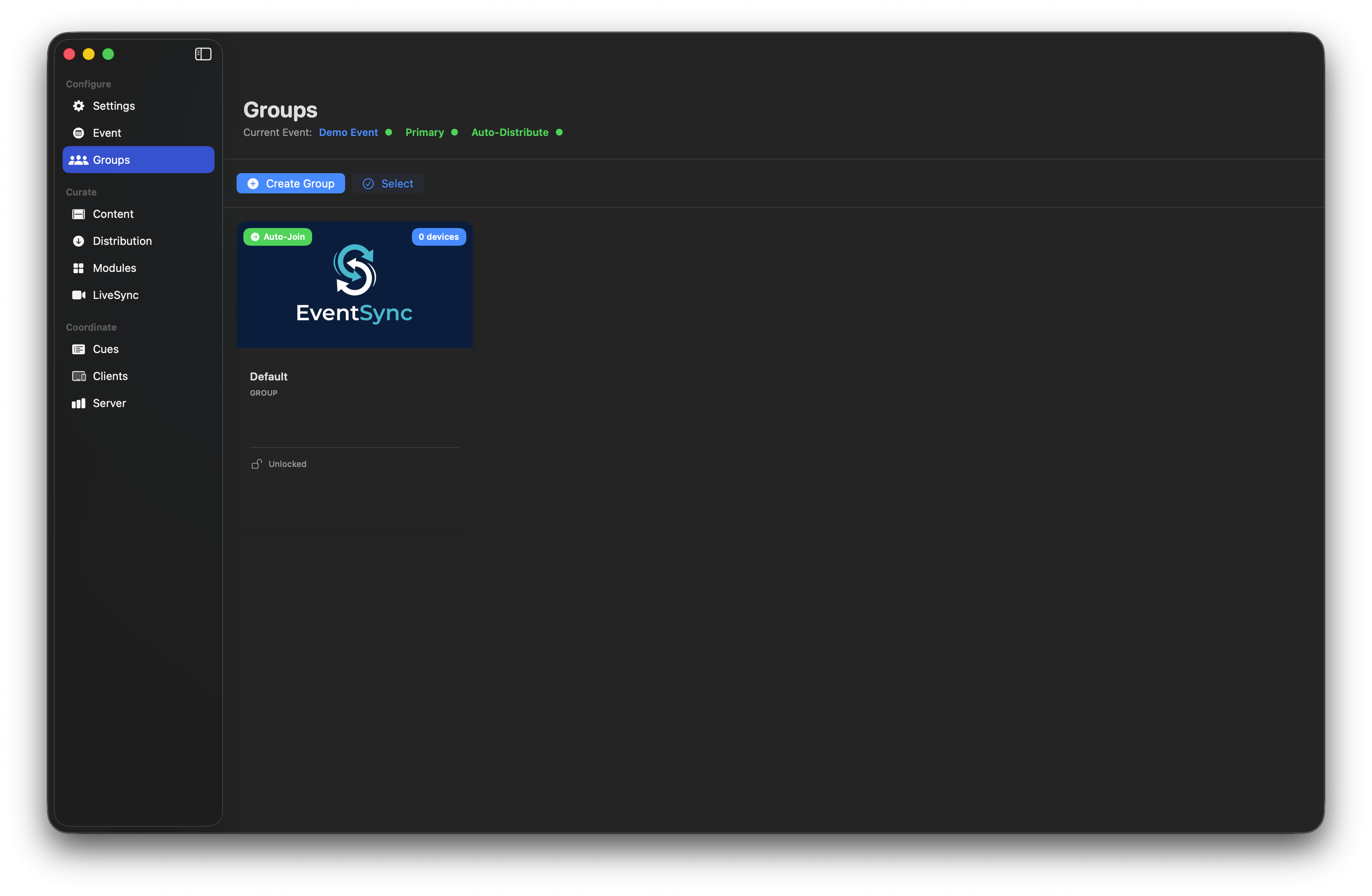 Groups page with default group
