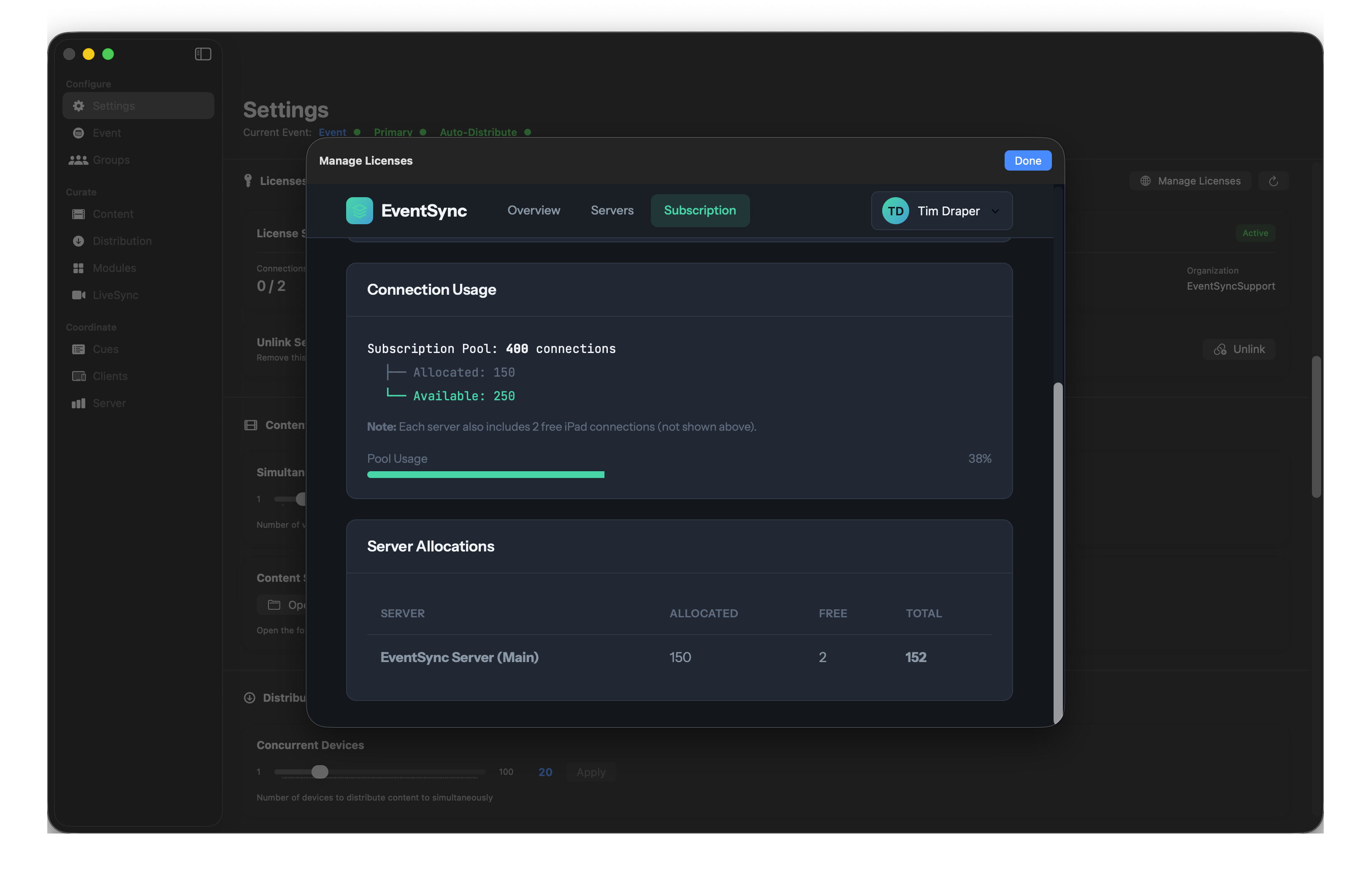 Subscription usage and server allocations