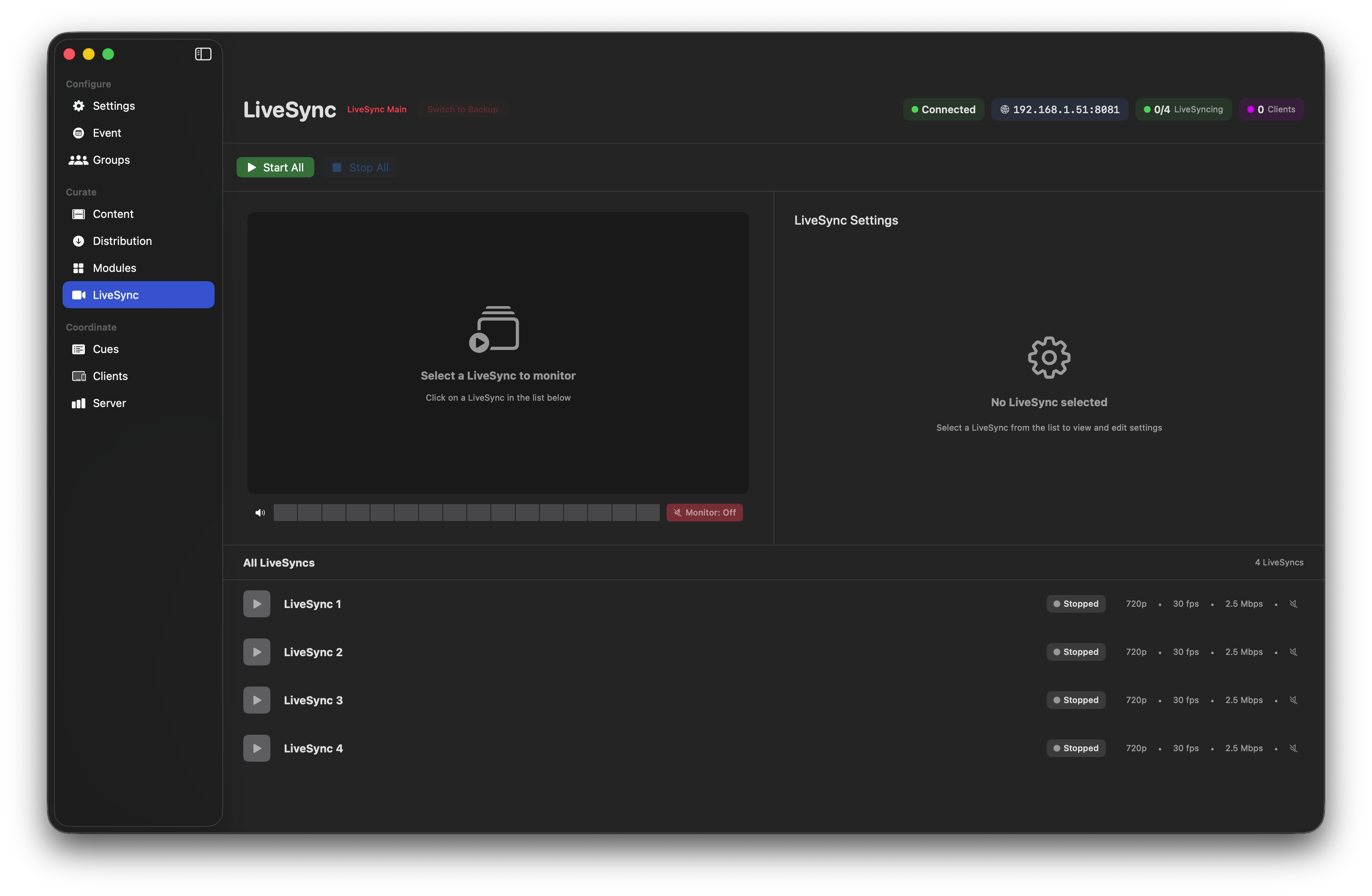 LiveSync page — nothing selected
