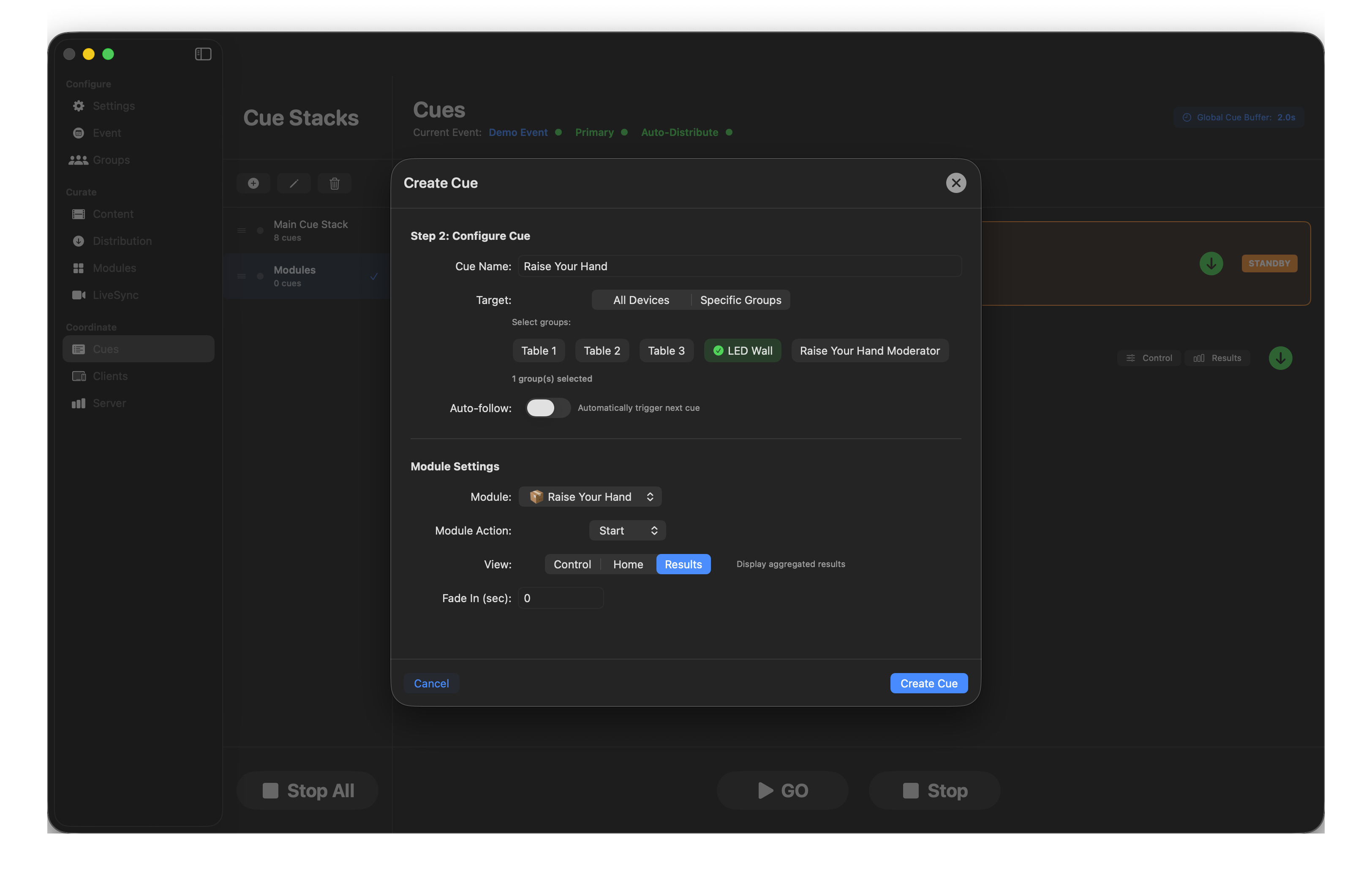 Module cue targeting LED Wall with Results view