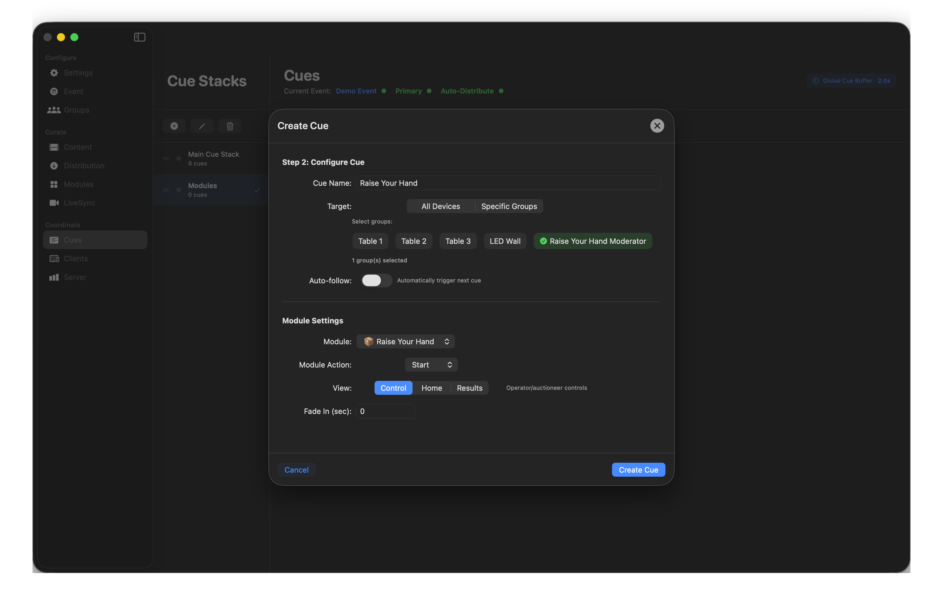 Module cue targeting Moderator group with Control view