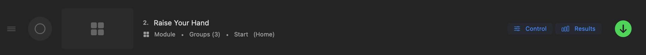 Module cue row with Control and Results buttons and auto-follow arrow
