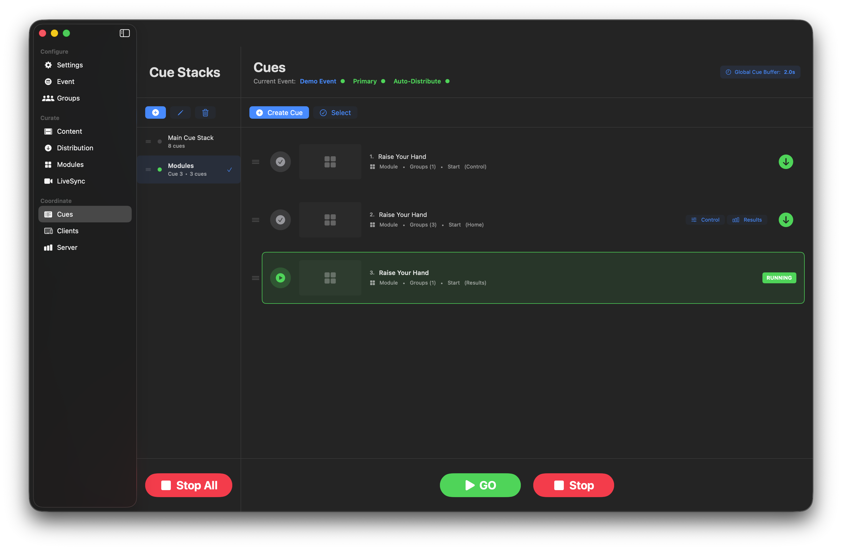 Finished three-cue module stack with auto-follow chain