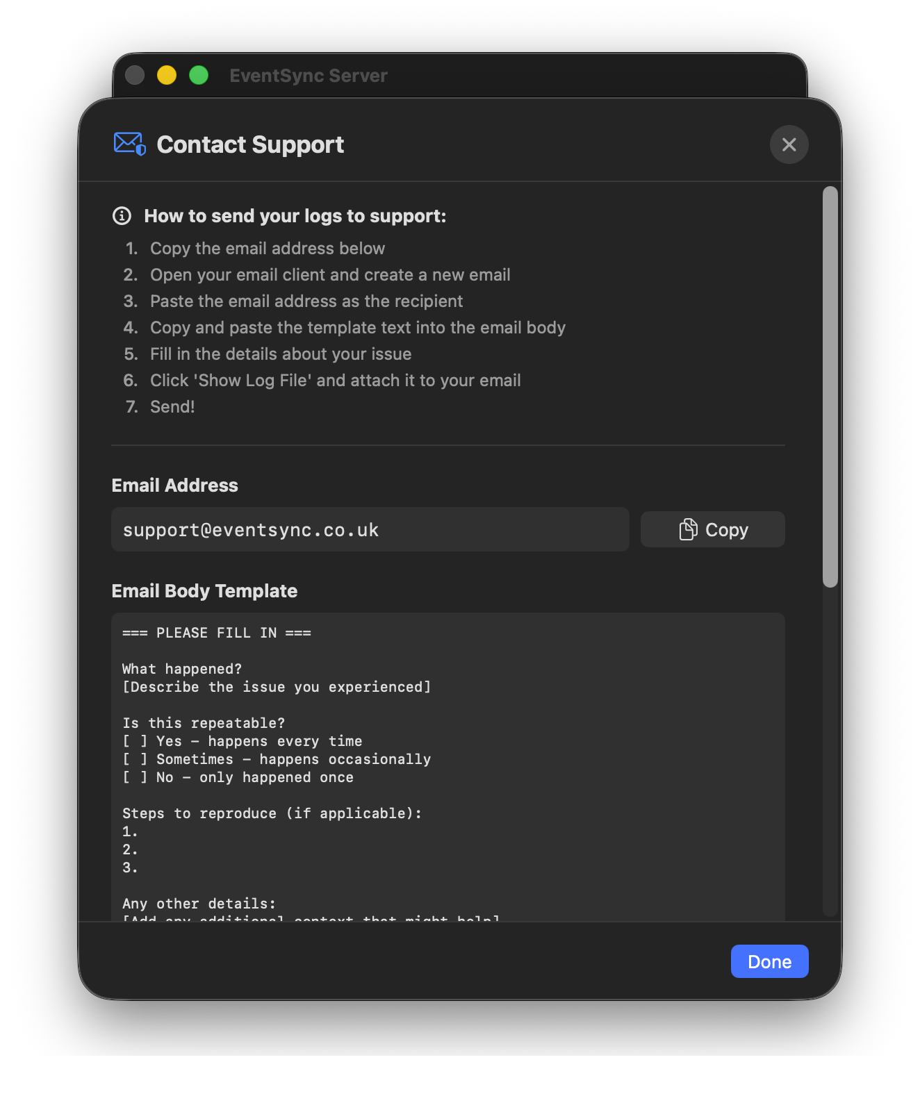 Contact Support helper