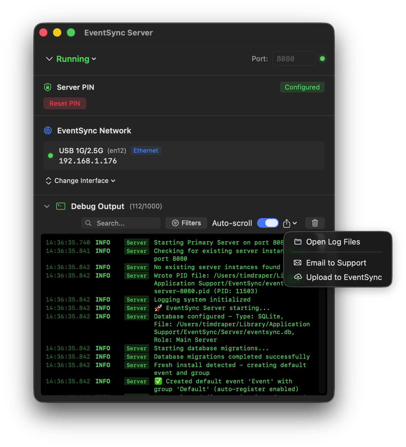 Debug export menu
