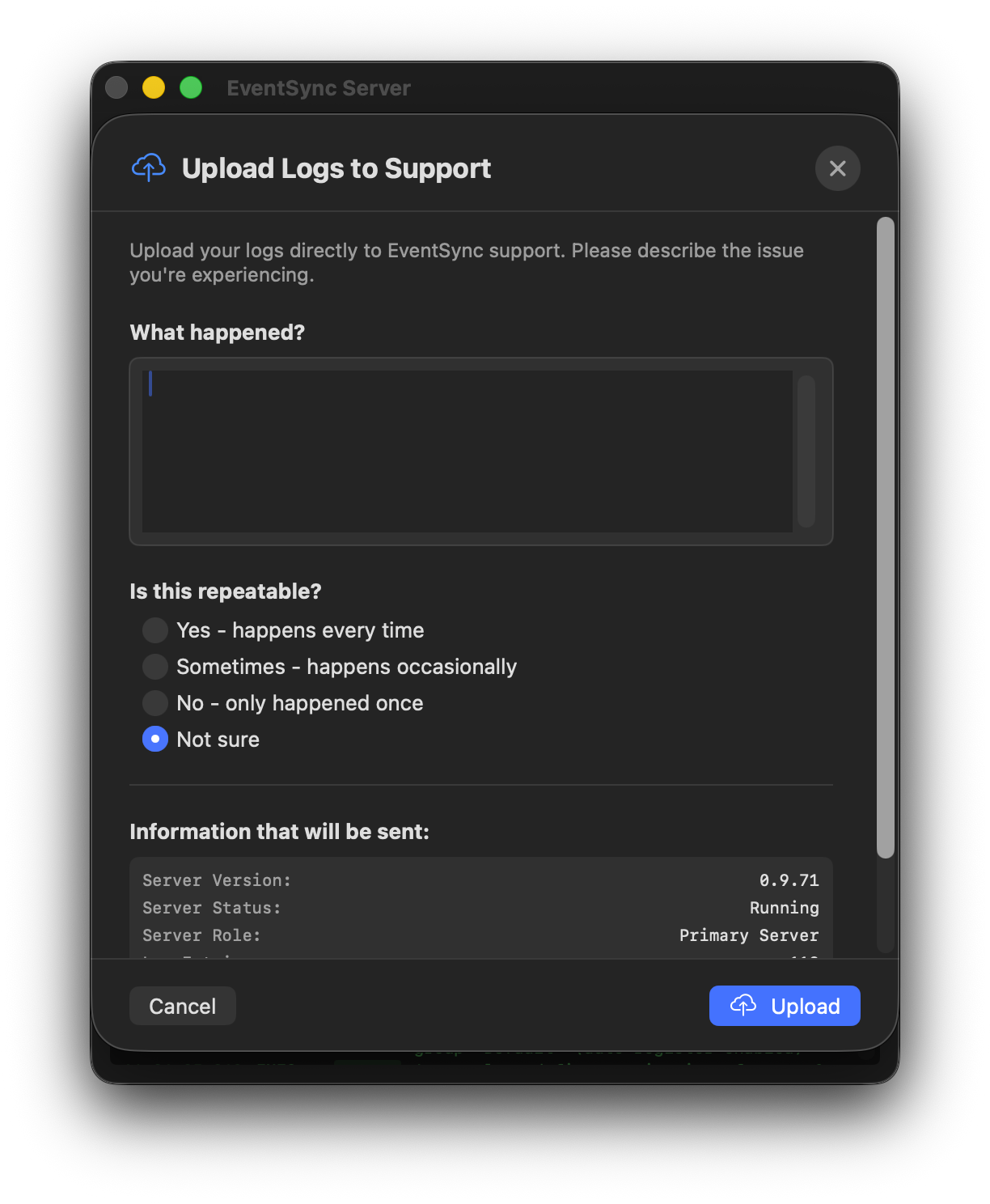 Upload Logs to Support