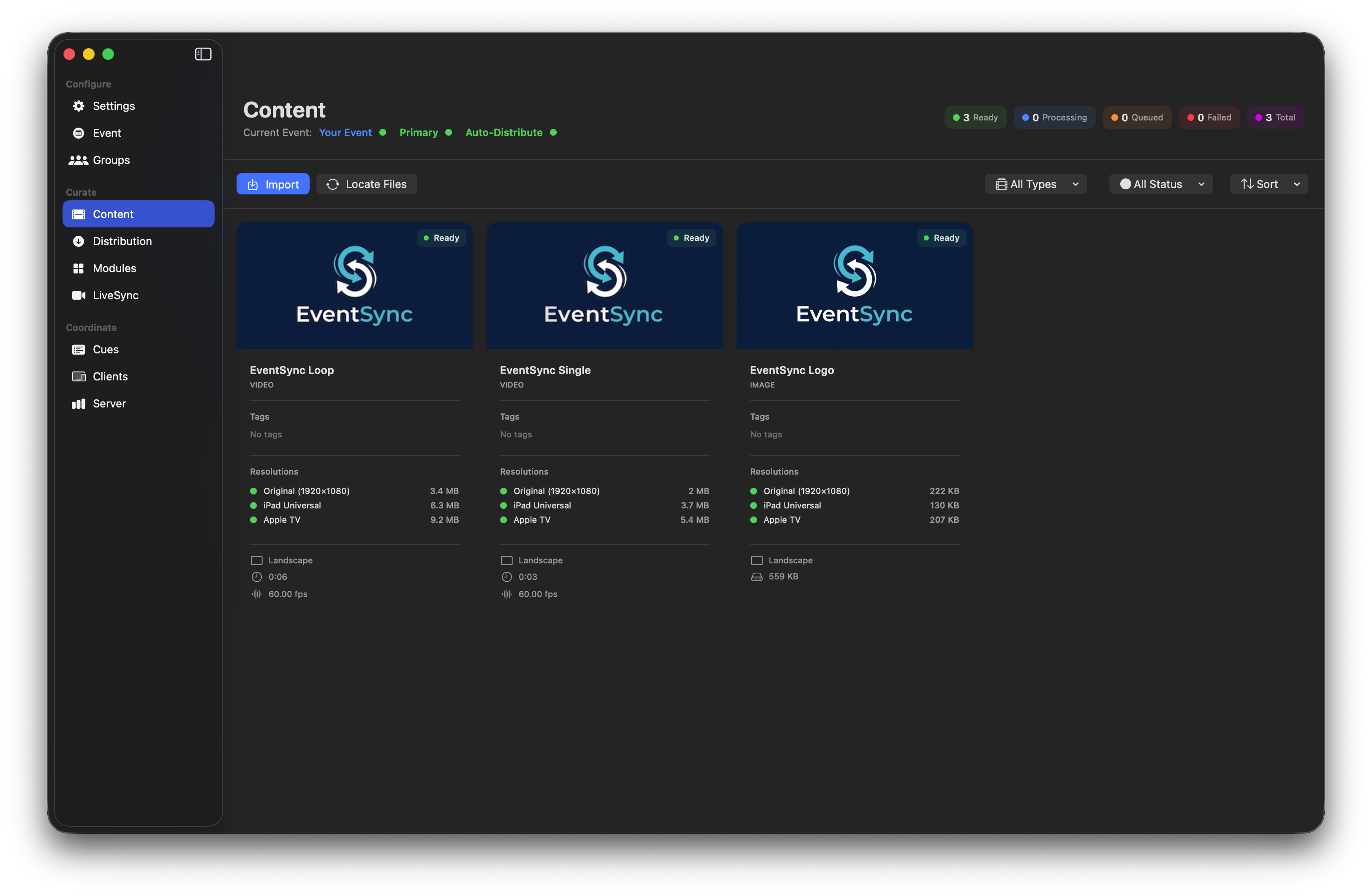 EventSync Content library showing video and image assets with transcoding status