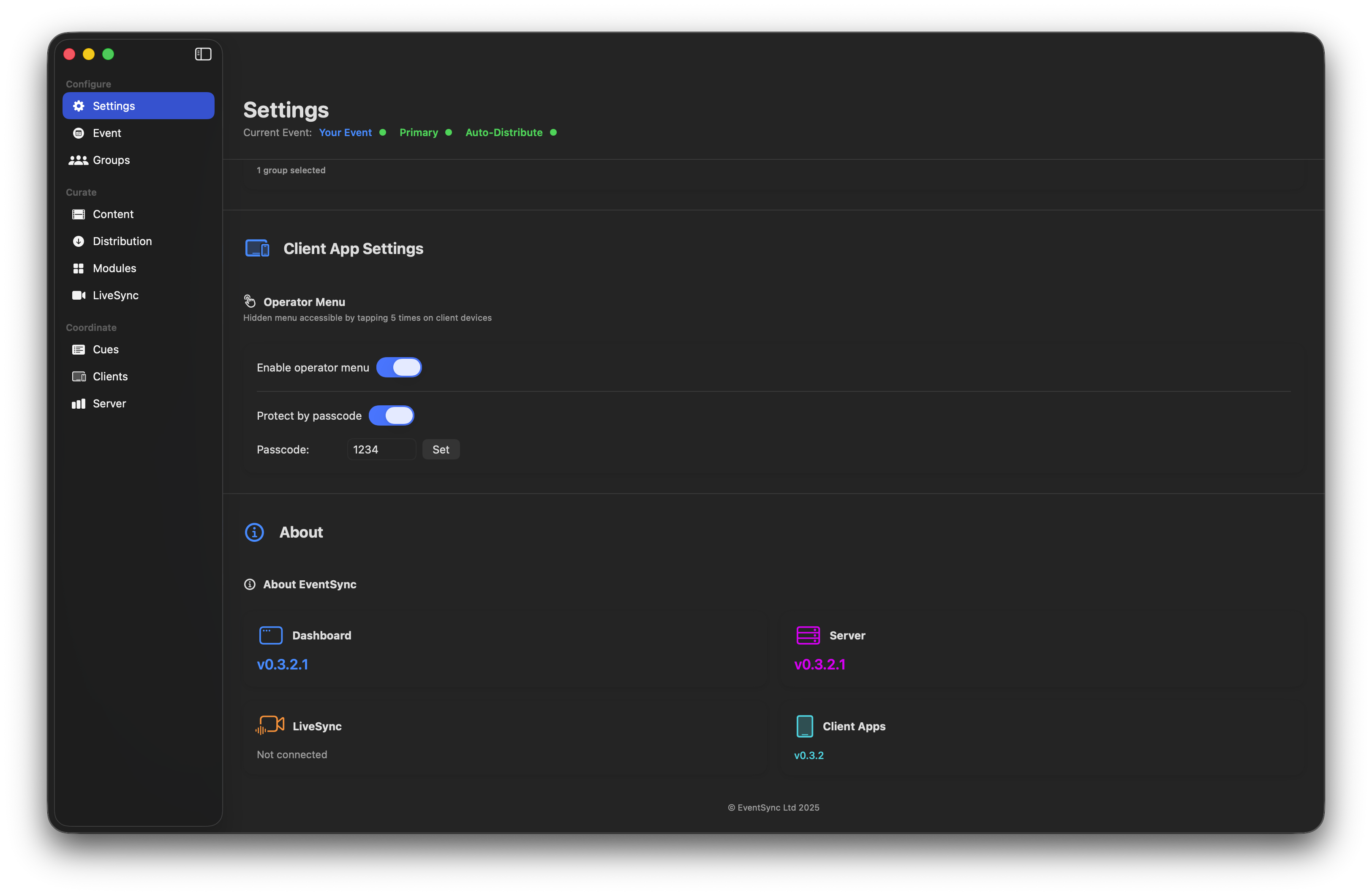 EventSync Groups view showing device groups with custom backgrounds